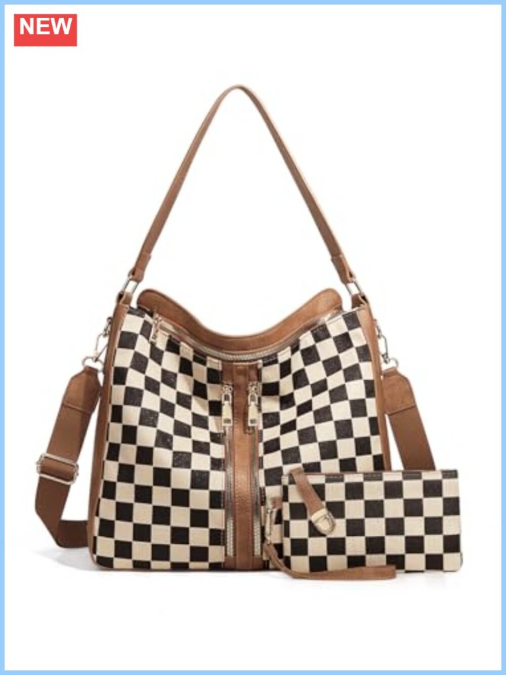 Checkered Hobo Handbag for Women PU Leather Canvas Crossbody Tote Shoulder Bag